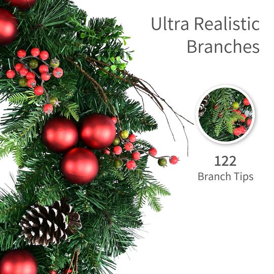 Puleo International 26" Pre-Lit Green Pine with Pinecones, Ornaments & Berries Artificial Christmas Wreath